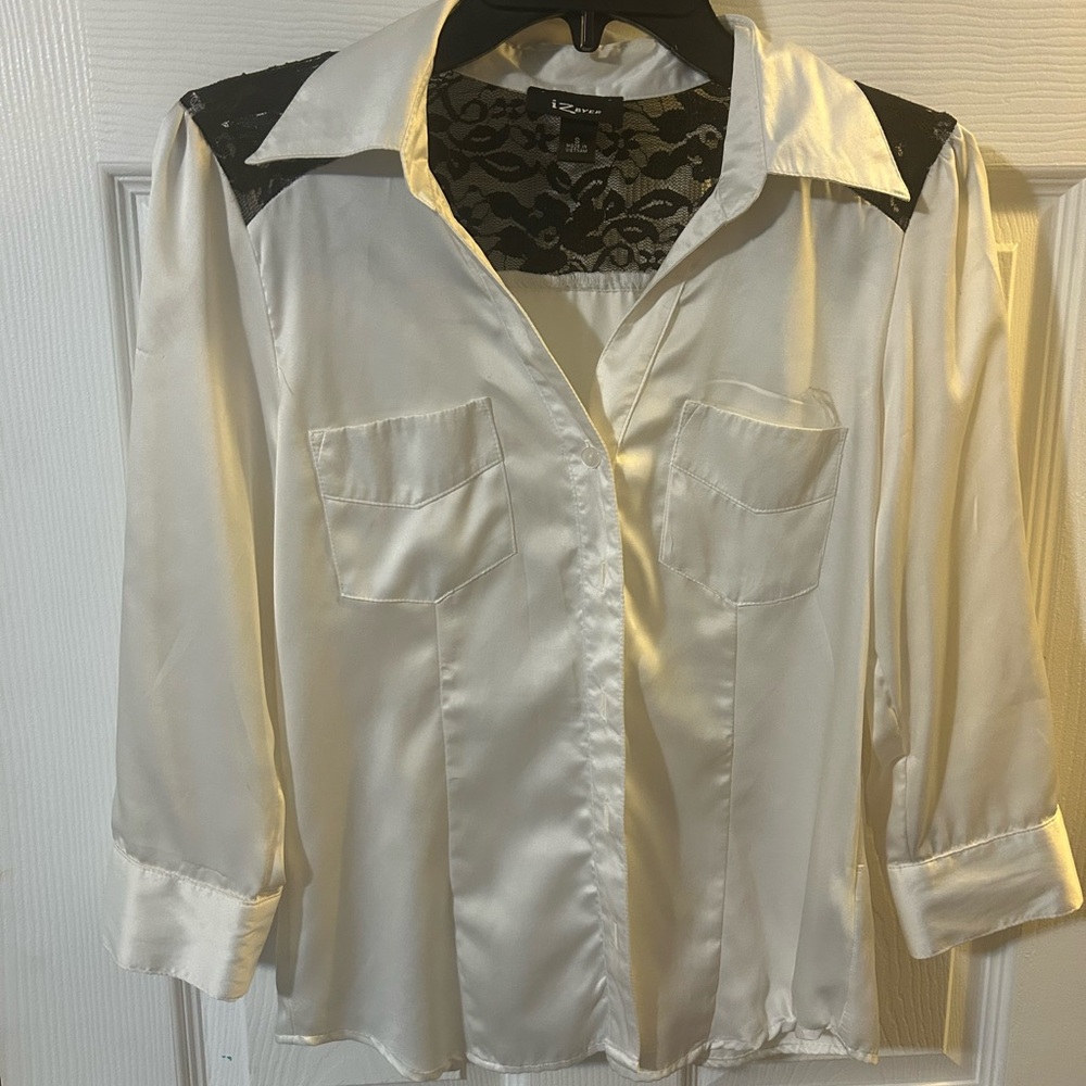 Iz Byer White Satin Blouse with Black Lace Accents